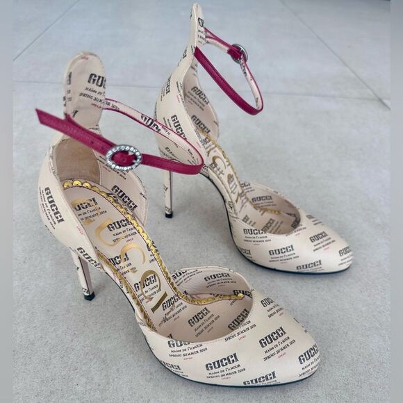 Gucci Apollo Gucci Stamp Print Beige Leather Logo Ankle Strap Pumps EU37.5 US7.5 - Picture 3 of 12